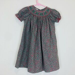 Edgehill Collection red, pink & green floral print, smocked puff sleeve dress 2T